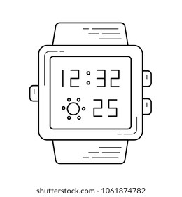 Smart watch con el tiempo en pantalla icono de línea vector aislado en fondo blanco. Icono de la línea de gadget de reloj digital para infografía, sitio web o aplicación.
