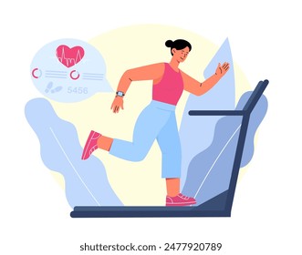 Smart watch at treadmill. Woman runs into gym with smartwatch on arm. Active lifestyle and sports. Cardio training and fitness. Losing weight and diet. Cartoon flat vector illustration