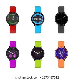 Smart watch user interface design collection. Sport clock, run device for tracking and count distance, heart rate and burn calories. Vector illustration. Sport and fitness band