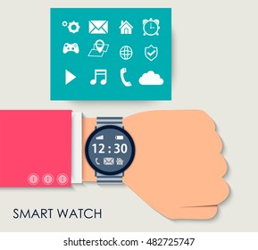 Smart Watch. Vector flat illustration of businessman's hand with electronic intelligence smart watch and technology functions - vector illustration