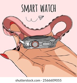 Smart Watch Vector Hand Drawn, Hand Holding Smart Watch