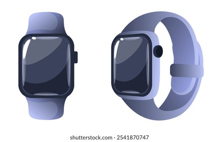 Ilustración vectorial de reloj inteligente aislada sobre fondo blanco. Dispositivo de atención médica digital, reloj de pulsera electrónico. Perseguidor de la aptitud para los niños y los adultos con la exhibición digital y las pulseras del silicón.