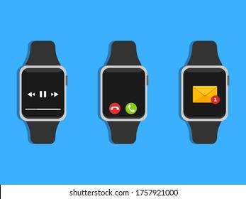 Smart watch vector mockup. Smart watch with message, call and music player. Flat design illustration.