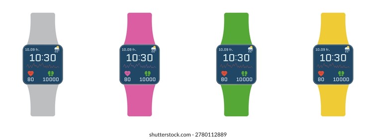 Smart Watch Vector Set, Fitness Tracker Watches with Health Monitoring Illustration