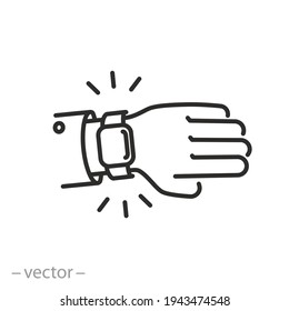 smart watch wearable on the hand wrist, icon, looking time on a wristwatch, business punctuality concept, thin line symbol on white background - editable stroke vector eps10