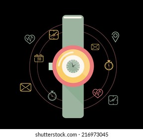 Smart watch or wearable on hand device with feature icons set. flat design. vector illustration