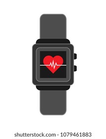 smart watch wearable technology heart cardiology.Heart rate. Fitness tracker smart watch illustration with heart rate monitor, flat cartoon vector style design. Modern stylish wearable device