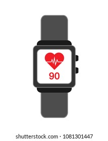 Smart Watch Wearable Technology Heart Cardiology.Heart Rate. Fitness Tracker Smart Watch Illustration With Heart Rate Monitor, Flat Cartoon Vector Style Design. Modern Stylish Wearable Device