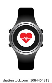 smart watch wearable technology heart cardiology.Heart rate. Fitness tracker smart watch illustration with heart rate monitor, flat cartoon vector style design. Modern stylish wearable device