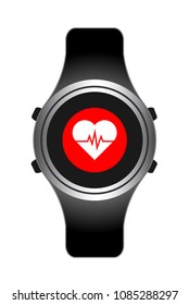 smart watch wearable technology heart cardiology.Heart rate. Fitness tracker smart watch illustration with heart rate monitor, flat cartoon vector style design. Modern stylish wearable device