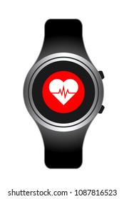 Smart Watch Wearable Technology Heart Cardiology.Heart Rate. Fitness Tracker Smart Watch Illustration With Heart Rate Monitor, Flat Cartoon Vector Style Design. Modern Stylish Wearable Device