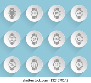 smart watch web icons on light paper circles with shadows and blue background