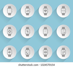 smart watch web icons on light paper circles with shadows and blue background