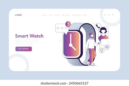 Web de reloj inteligente o página de aterrizaje. Hombre interactuando con un reloj inteligente para notificaciones oportunas y seguimiento de salud. Tecnología personal en el estilo de vida moderno. Ilustración vectorial.