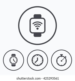 Smart watch wi-fi icons. Mechanical clock time, Stopwatch timer symbols. Wrist digital watch sign. Icons in circles.