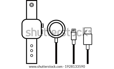 Smart watch, Wireless Charger, Cable Charge, USB Cable Smart Device Outline icon Isolate on White Background