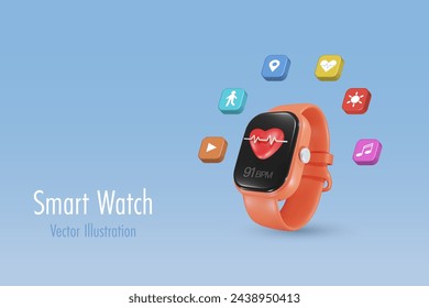 Smart watch, wrist watch with medical heart beat for fitness tracker and multimedia apps networking, wearable fashion innovation technology. 3D vector created from graphic software.	