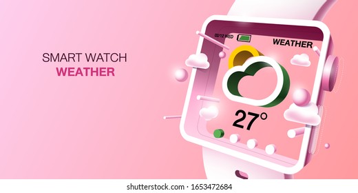 Smart watches with app icons, vector 3D style design, weather