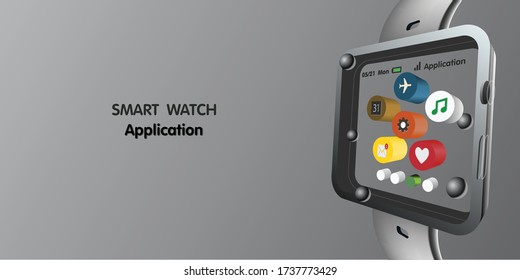 Smart watches with Application icon Black Color, vector 3D style design, 