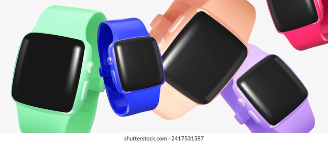 Smart watches of different colors. Background in 3D style. Vector illustration