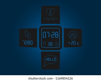 Smart watches with different screens. Demonstration of hours. Vector illustration. EPS10.