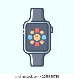 Smart watches with icons and clock face on screen colored icon. Collection of electronic devices and gadgets icons. Vector stylish outline illustrations on light background.