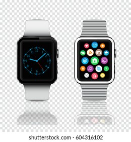 Smart watches with icons and clock face on screen. Isolated on transparent background with reflection.