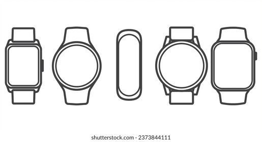 Smart watches linear icon set. Wearable electronic devices. Simple outlined icons, Smartwatch design symbol for apps and websites. Vector illustration