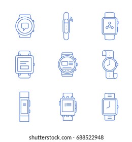 Smart watches linear icon set. Wearable electronic devices. Simple outlined icons. Linear style.