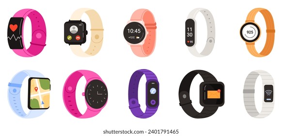 Smart watches set. Different wearable smartwatches collection with mobile apps display, gadgets for health tracking and clock, email and online call, GPS map on screen cartoon vector illustration