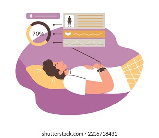 Smart watches with sleep tracking function, man sleeps on couch - flat vector illustration isolated on white background. Sleep tracker infographic, measurement of heart rate and quality of sleep.