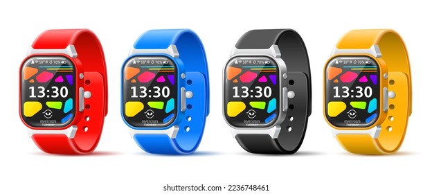 Smart watches straps. Realistic multifunctional bracelets angle view, different colors, athlete digital wristbands, touch displays, 3d isolated objects, fitness gadgets utter vector set