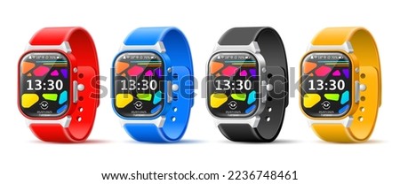 Smart watches straps. Realistic multifunctional bracelets angle view, different colors, athlete digital wristbands, touch displays, 3d isolated objects, fitness gadgets utter vector set