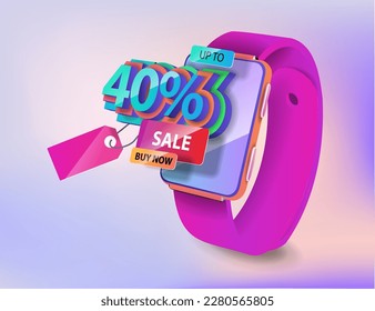 Relojes inteligentes y cartas tridimensionales 40% de descuento y precio rojo. Bandera de vectores