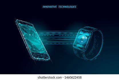 Smart watches touch screen modern technology concept. Low poly polygonal tracking app. Healthcare device network connection media graph. Wearable gadget mobile interface banner vector