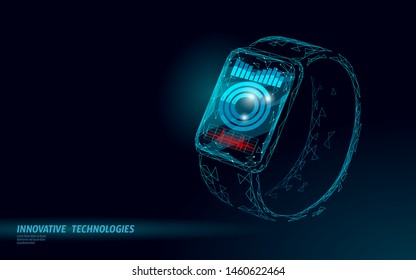 Smart watches touch screen modern technology concept. Low poly polygonal sport tracking app. Healthcare device network communication media graph. Wearable gadget mobile interface banner vector