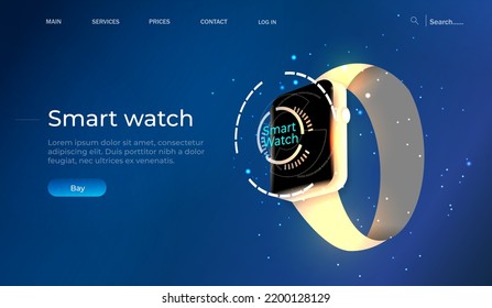 Intelligente Uhren. Vektorrealistische Illustration mit futuristischem Stil. Intelligente Armbanduhren für Fitness-Tracker-Gesundheitsgeräte. Business-Konzept von Medicine App. 