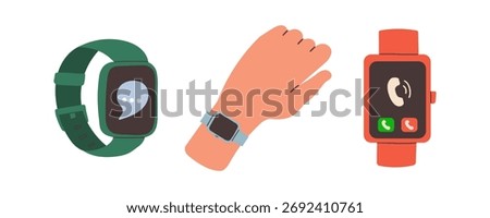 Smart watches vector set. Smart watch collection isolated on white background. Smart watch on hand . Flat hand drawn illustration for web , social media or other design .