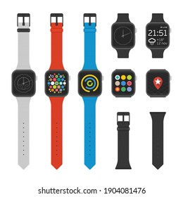 Smart watches wearable collection computer with straps and without. Vector digital watch with app and clock face. Modern wristwatches icon set.