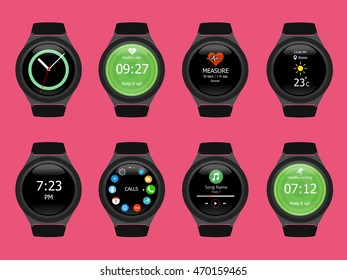 Smart watches wearable collection computer new technology. Vector Illustration. Pink background.