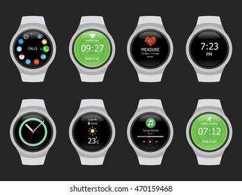 Smart watches wearable collection computer new technology. Vector Illustration. Black background.