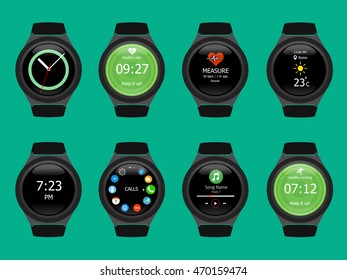 Smart watches wearable collection computer new technology. Vector Illustration. Green background.