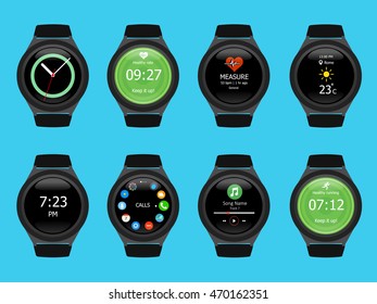 Smart watches wearable collection computer new technology. Vector Illustration. Blue background.