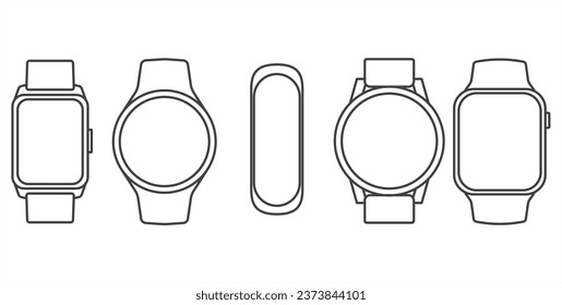 Smart Watches Wireframe Outline Icon set. Wearable electronic devices. Simple outlined icons Isolated on White Background. Smartwatch design symbol for apps and websites. Vector illustration.