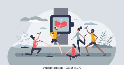 Smart watches and wrist watch for sport activity tracking tiny person concept. Wearable technology for oxygen level measurement and heart rate control in gym vector illustration. Exercising gadget.