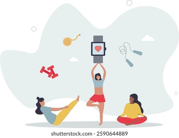 Smart watches and wrist watch for sport activity tracking.Wearable technology for oxygen level measurement and heart rate control in gym.flat character life .