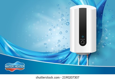 Caldera de agua inteligente o vector de calefacción. Sistema de control Wi-Fi para calefacción de agua con larga vida de servicio y publicidad de alta eficiencia energética. Aparato doméstico de seguridad. Afiche realista o diseño de volante