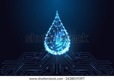 Smart water technology and digital sustainability concept with glowing polygonal water drop on electronic circuit board on dark blue background. Futuristic low poly style, abstract vector illustration