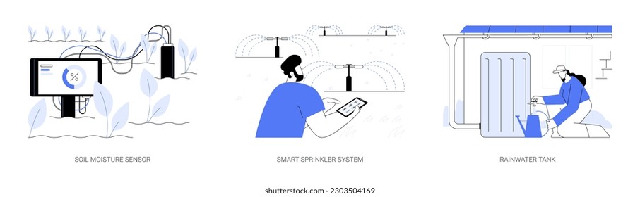 Smart water use abstract concept vector illustration set. Soil moisture sensor, smart sprinkler system, rainwater tank, outdoor irrigation, sustainable water management abstract metaphor.