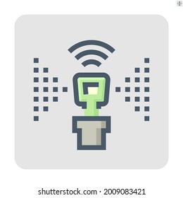 Intelligente, bewässernde Sprinkler, Vektorsymbol. Aus Kopf, Rohr, WLAN und Spray. Automatisches Bewässerungssystem mit App, Handy oder Smartphone für Pflanzen, Rasen, Feld, Gras im Garten. 48 x 48 Pixel